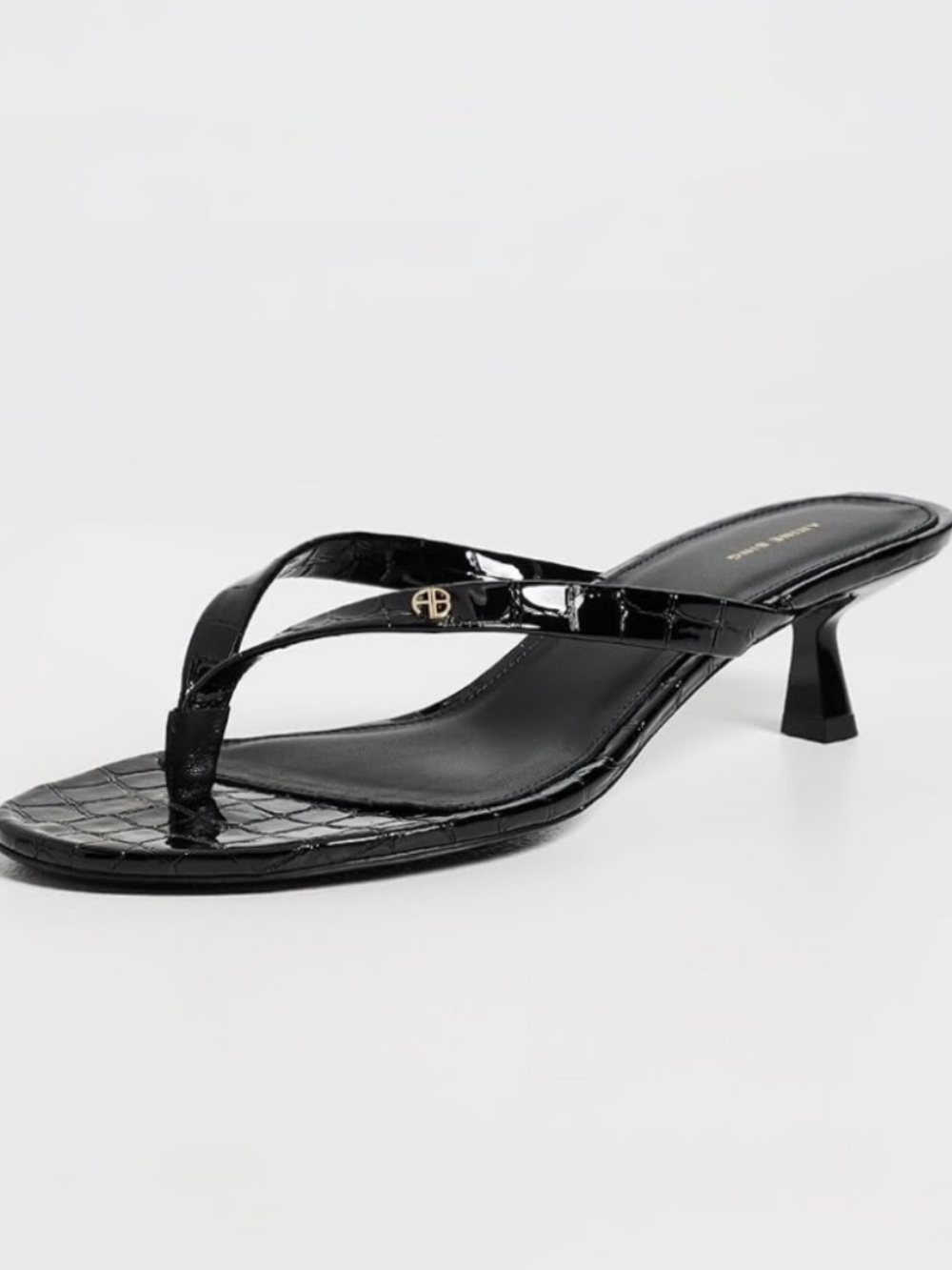 Anine Bing Black Patent Croc-Texture Thong Kitten Heel